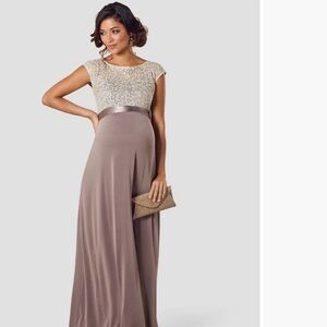 Elegant Cream and Brown Maternity Dress
